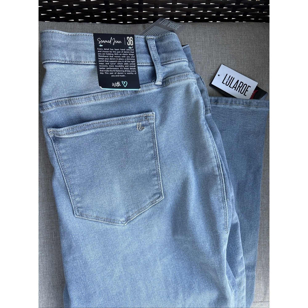 LuLaRoe Seamed Denim High Rise Straight Leg Stretch Size 36 Light Wash 5 Pockets